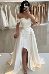Beautiful White A-line Sweetheart Off-The-Shoulder Sleeveless Front Split Long Simple Satin Evening Dresses with Ruffles
